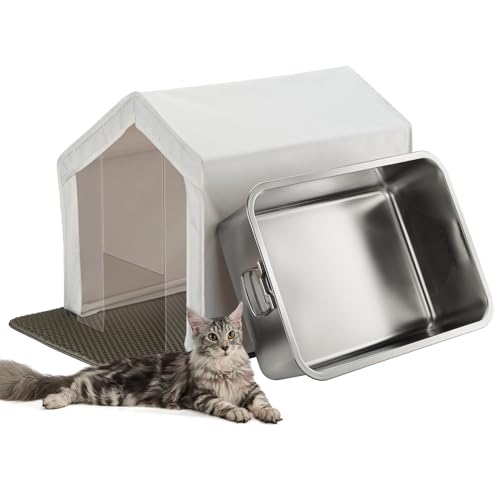 Maksone Stainless Steel Cat Litter Box,Large Metal Litter Box with Enclosure Tent