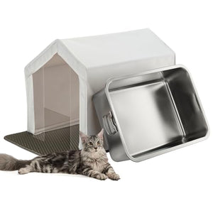 Maksone Stainless Steel Cat Litter Box,Large Metal Litter Box with Enclosure Tent